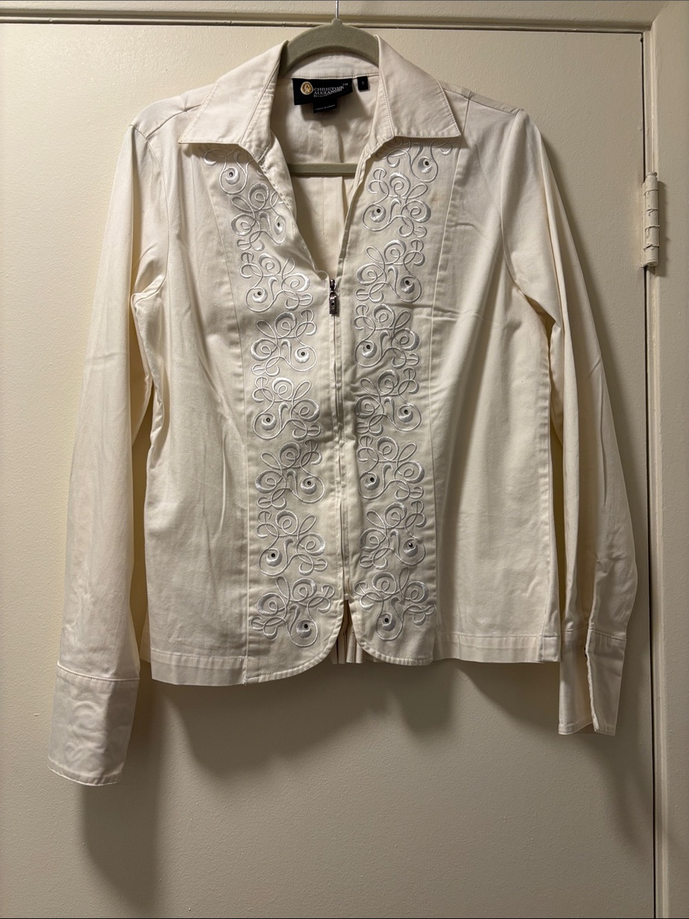 Christine Alexander Ivory Embroidered Zip-Front Shirt